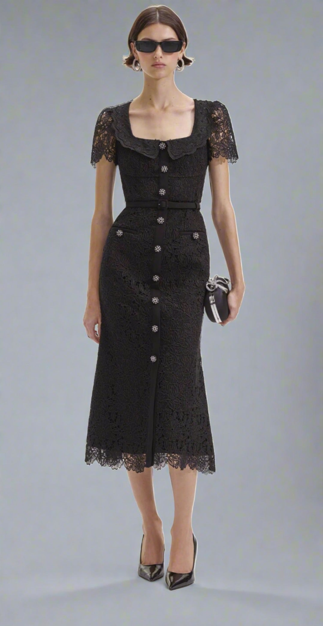 Self-Portrait BLACK GUIPURE LACE BUTTON MIDI DRESS Self-Portrait BLACK GUIPURE LACE BUTTON MIDI DRESS
