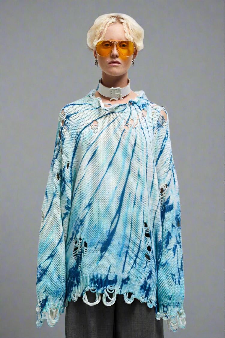 R13 Distressed Oversized Pullover - Blue Tie-Dye R13 Distressed Oversized Pullover - Blue Tie-Dye