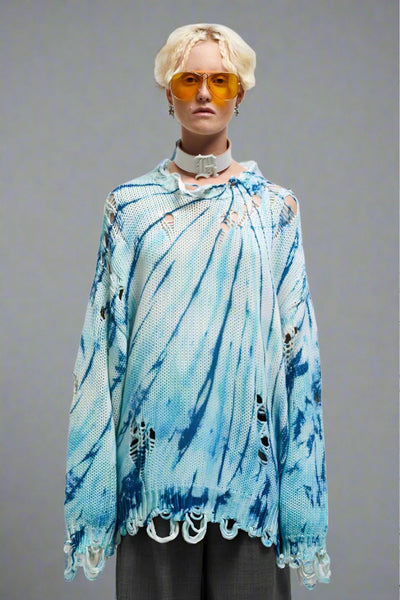R13 Distressed Oversized Pullover - Blue Tie-Dye
