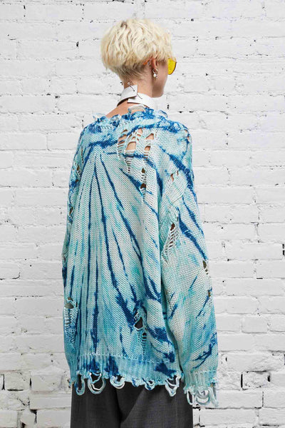 R13 Distressed Oversized Pullover - Blue Tie-Dye