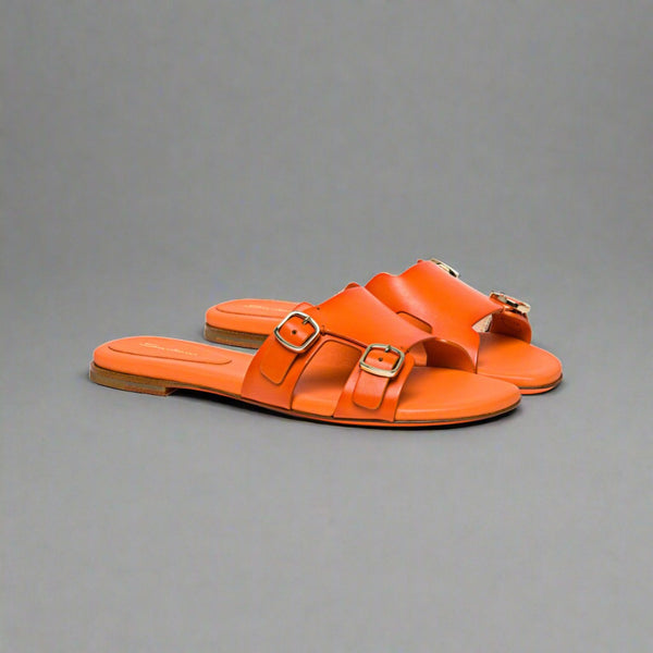 Santoni WOMEN'S ORANGE LEATHER DOUBLE-BUCKLE SLIDE SANDAL Santoni WOMEN'S ORANGE LEATHER DOUBLE-BUCKLE SLIDE SANDAL