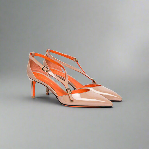 Santoni WOMEN’S PINK PATENT LEATHER MID-HEEL PUMP