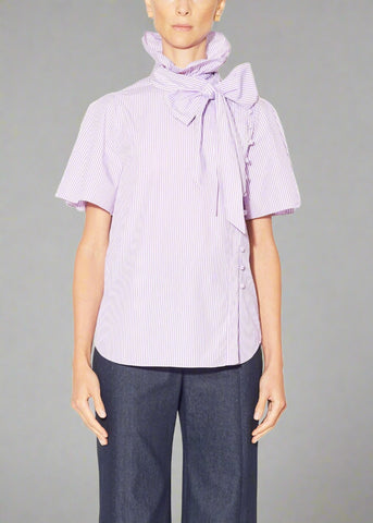 Adam Lippes Bow Neck Blouse In Striped Shirting