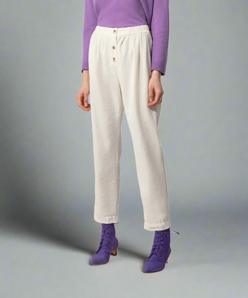 Forte Forte elasticated waist trousers in wool-linen blend woven fabric -candore Forte Forte elasticated waist trousers in wool-linen blend woven fabric -candore