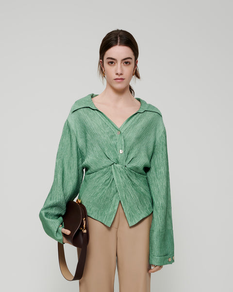 Nanushka IDRIS  Pleated twist front shirt- Metallic Green