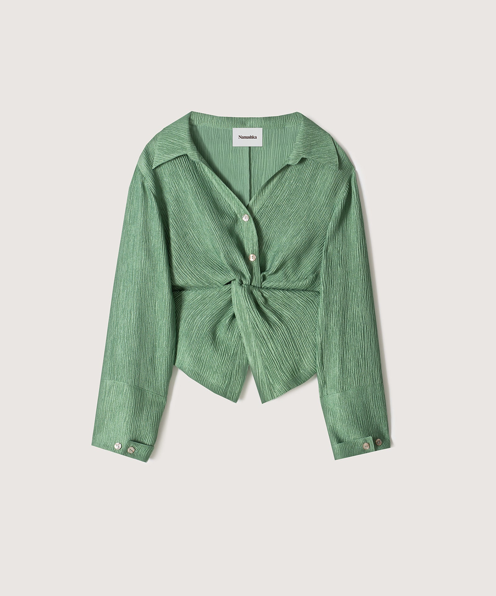 Nanushka IDRIS  Pleated twist front shirt- Metallic Green Nanushka IDRIS  Pleated twist front shirt- Metallic Green