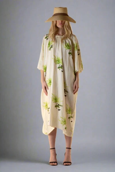 FINNEY  LAGUNA LINEN KAFTAN GREEN CHRYSANTHEMUM