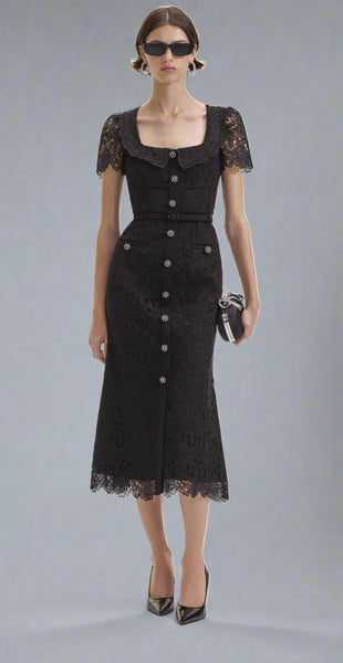 Self-Portrait BLACK GUIPURE LACE BUTTON MIDI DRESS