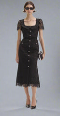 Self-Portrait BLACK GUIPURE LACE BUTTON MIDI DRESS