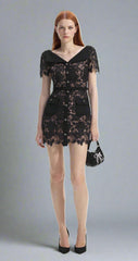 Self-Portrait BLACK LACE OPEN NECK MINI DRESS