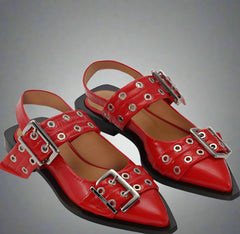 Ganni RED WIDE WELT BUCKLE BALLERINAS- Racing Red