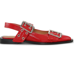 Ganni RED WIDE WELT BUCKLE BALLERINAS- Racing Red