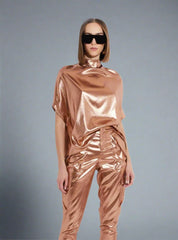 LaPointe Metallic Silk Cape Tee- Rose Gold