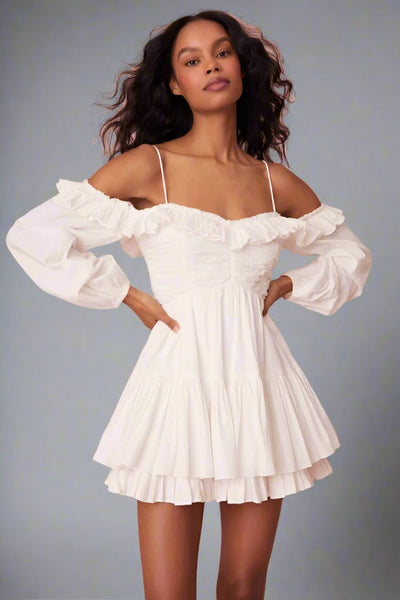 LoveShackFancy Zennia Off Shoulder Cotton Mini Dress- White