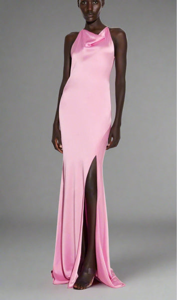 LaPointe Doubleface Satin Halter Cowl Neck Gown - Hibiscus