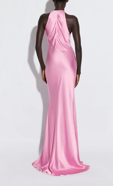 LaPointe Doubleface Satin Halter Cowl Neck Gown - Hibiscus