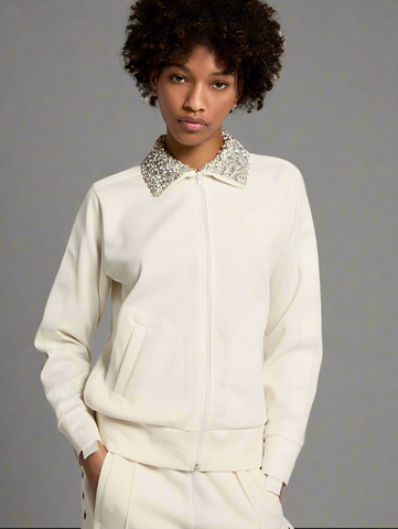 Golden Goose Papyrus white Denise Star Collection zipped sweatshirt with crystal collar