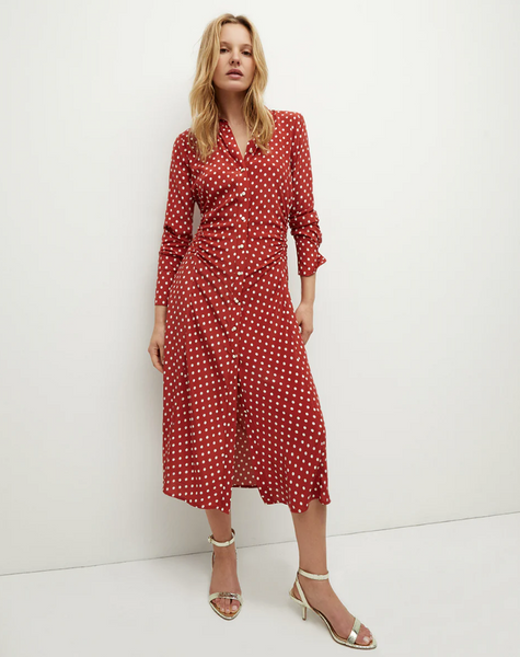 Veronica Beard LEX POLKA-DOT DRESS- Brick Red Ecru