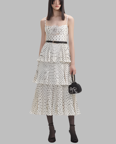 Self-Portrait CREAM POLKA DOT TIERED MIDI DRESS