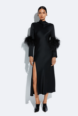 Lapointe Satin Draped Neck Bias Dress With Feathers