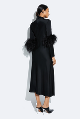 Lapointe Satin Draped Neck Bias Dress With Feathers