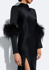 Lapointe Satin Draped Neck Bias Dress With Feathers