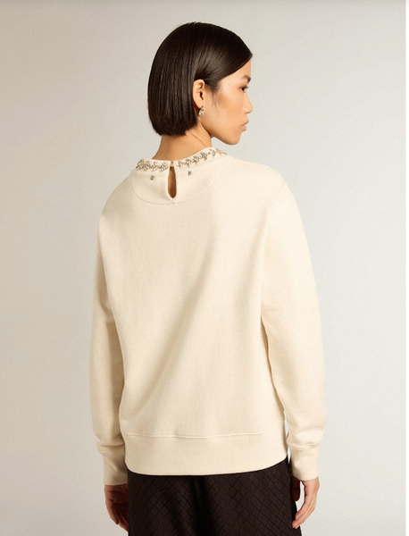 Golden Goose Round-neck cotton sweatshirt in aged white with hand-applied crystals