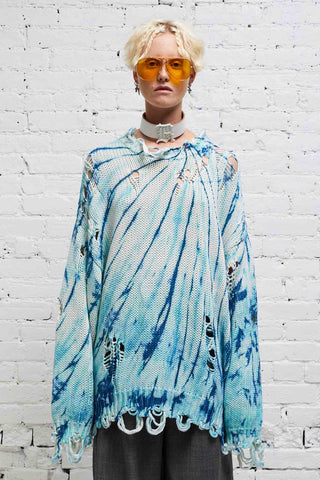 R13 Distressed Oversized Pullover - Blue Tie-Dye