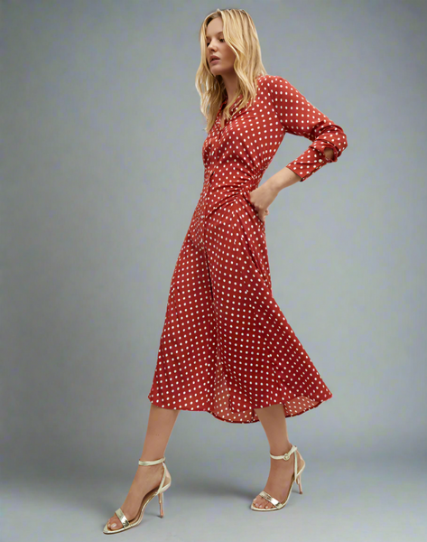 Veronica Beard LEX POLKA-DOT DRESS- Brick Red Ecru