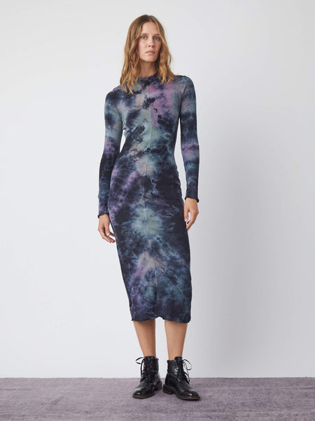 Raquel Allegra NEBULA CLOUD BABY RIB WITH LETTUCE EDGE LONG SLEEVE FITTED DRESS