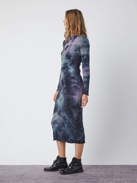 Raquel Allegra NEBULA CLOUD BABY RIB WITH LETTUCE EDGE LONG SLEEVE FITTED DRESS